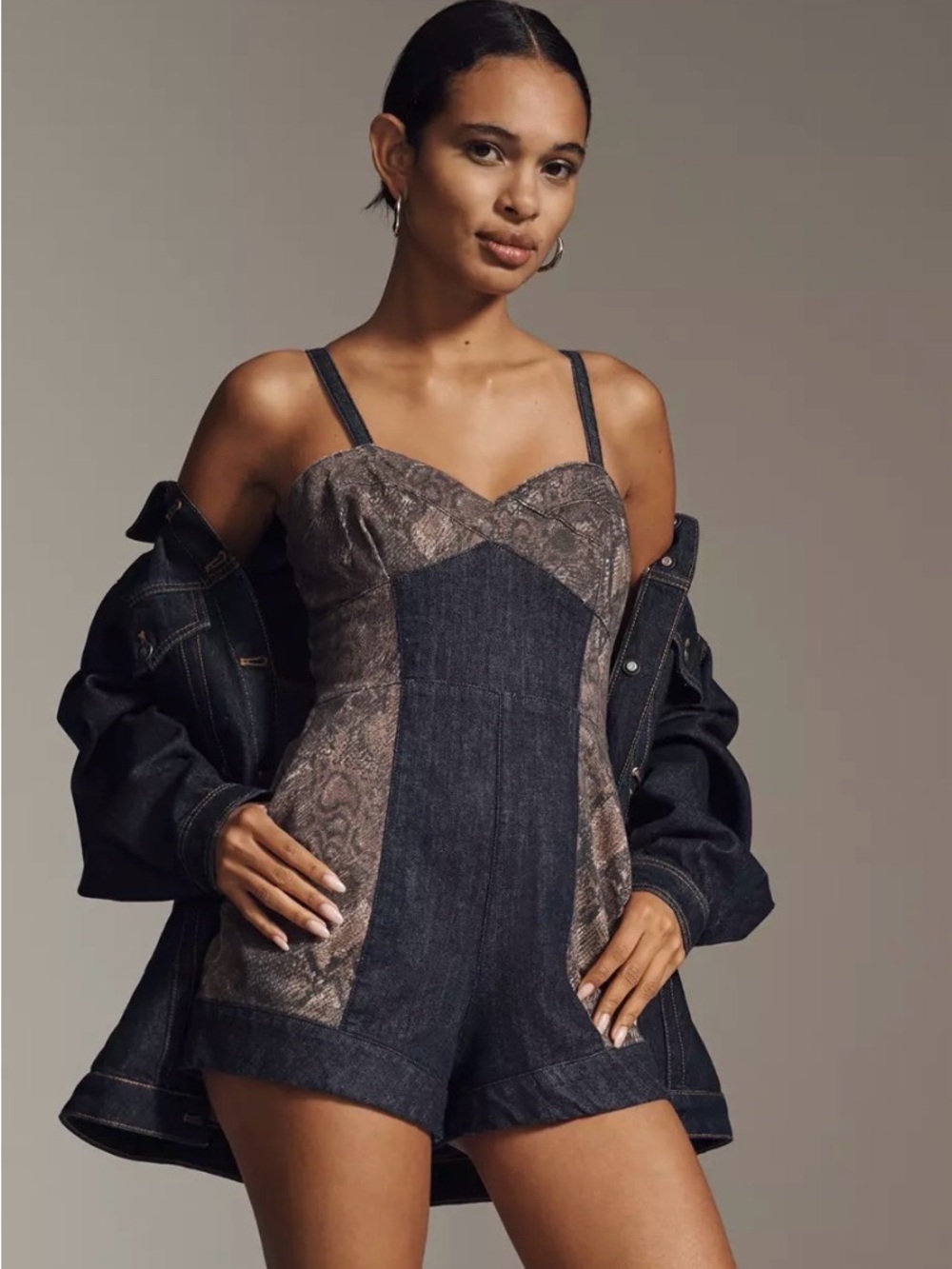 Pilcro Denim Romper with Brown Snake-Print Panels